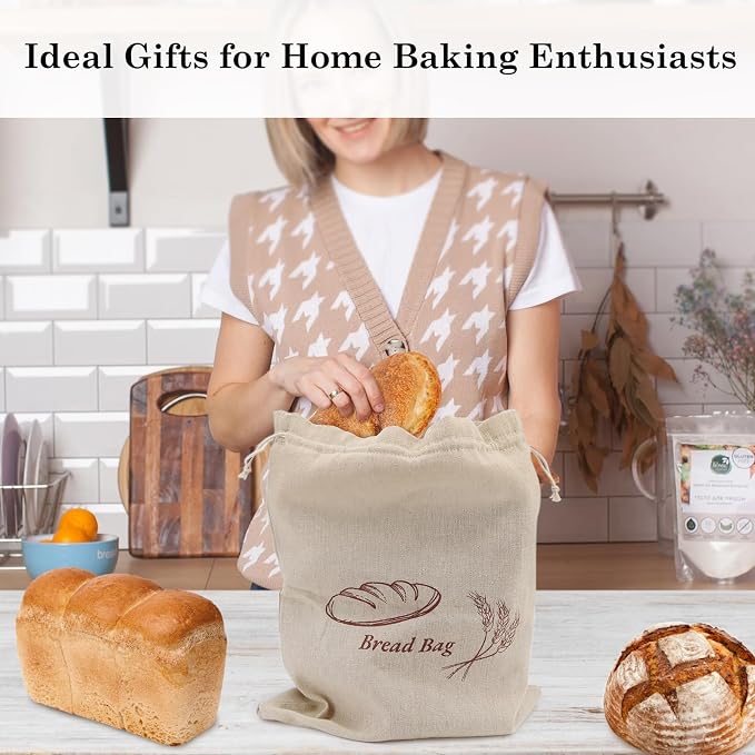 2 Pack Reusable Linen Bread Storage Bags with Plastic Lining, Sourdough Bread Keeper for Home Bakers, 12x15 Inch (1 pattern)