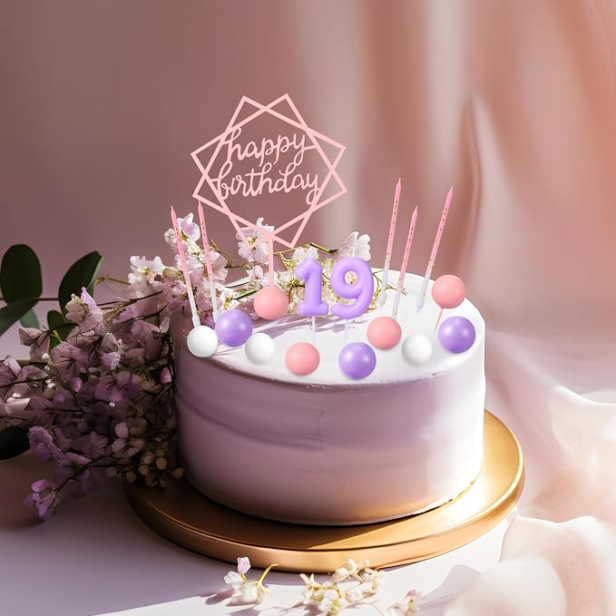 Yerliker 34 Pcs Happy Birthday Cake Toppers Decorations Birthday Candles DIY Cake Decor for Men Women Wedding Anniversary(Purple Pink)