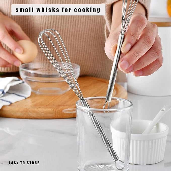 Digead Mini Wire Whisk, 2 Pack - 8 & 10 Inch Small Whisk for Cooking - Ergonomic Spiral Handle, 304 Stainless Steel - Lightweight Mixing Tool for Whisking, Beating, Blending & Mixing Sauces - Silver
