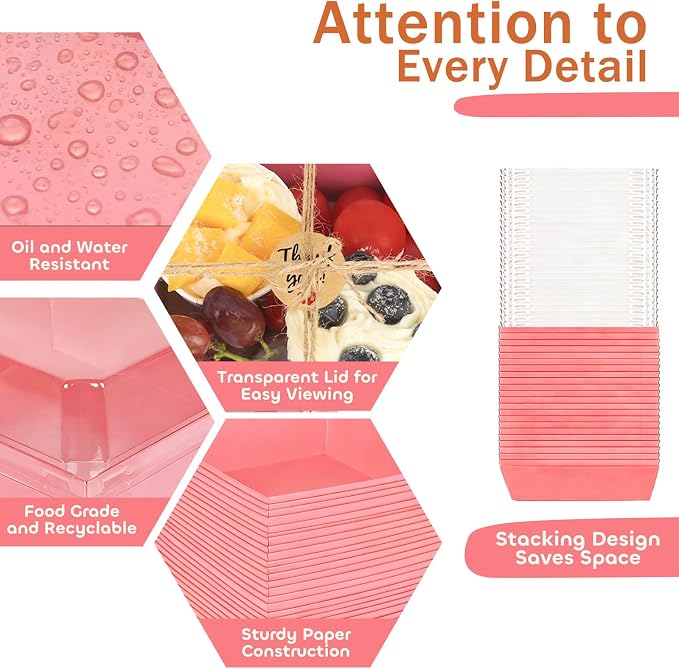 20Pcs Small Charcuterie Boxes with Clear Lids - Paper Mini Charcuterie Boxes To Go, Disposable Food Container with Lid, Dessert Boxes for Sandwich, Cookie, Sushi, Cake Slice, and Strawberries, Pink