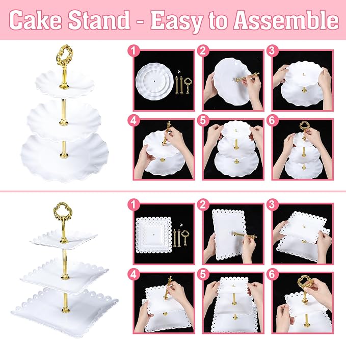 Frigg Dessert Table Display Set,5Pcs Cake Stand,2Pcs 3 tiered Cupcake Stands and 3Pcs Dessert Trays serving trays for Party Baby Shower Wedding Tea Party