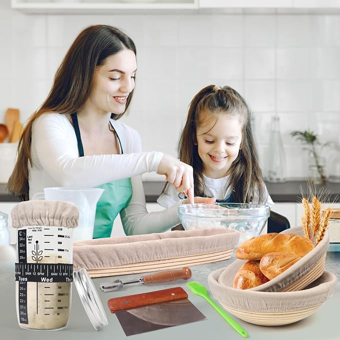 Banneton Bread Proofing Basket Set, 11 Inch Sourdough Proofing Basket and Bread Baking Supplies-Bread Lame, Danish Whisk, Bowl & Dough Scraper, Brush, (3 Bread Proofing Baske and Jar)