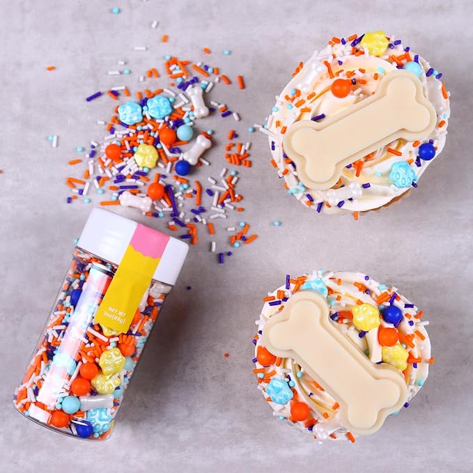 Dog Paw & Dog Bone Birthday Themed Sprinkles - 3oz, Sprinkles for Cupcakes Decorating, Dog Paw Cake Decorations, Orange and Blue Sprinkle Mix for Decorating Cakes, Cookies, Cupcakes, Treats and Candy