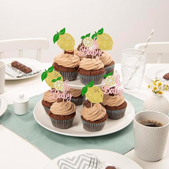 Rsstarxi 24 Pack Lemon Oh Baby Cupcake Toppers - Lemonade Baby Shower & Birthday Party Decorations