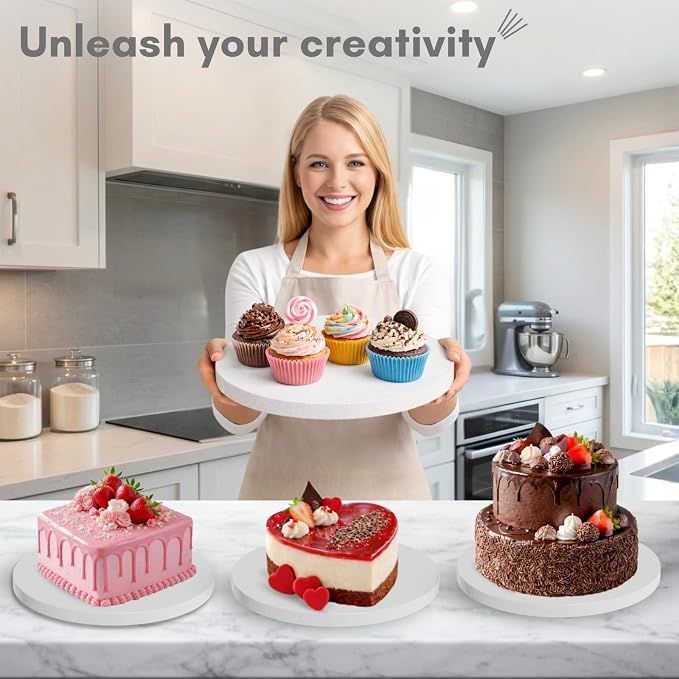 12-Pack Cake Drums 8,10 & 12 inch Reversible, Sturdy 1/2" Thick, Greaseproof, White | Free Prop Up Tool + Matching Ribbon | Professional Round Cake Boards for Tiered, Wedding, Birthday Cakes