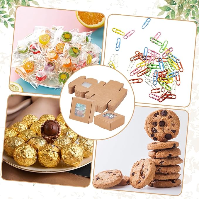 BENECREAT 48 Packs 2.17x2.17x0.98 Inch Brown Kraft Paper Box with Clear Windows Foldable Paper Gift Box Goodies Candy Box Dessert Box for Party Wedding Bakery Packaging
