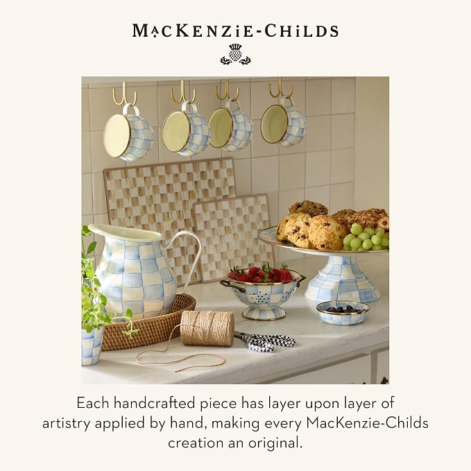 MACKENZIE-CHILDS Enamel Pedestal Platter, Round Cake Stand, Small, 12 Inches, Light-Blue-and-White Sky Check