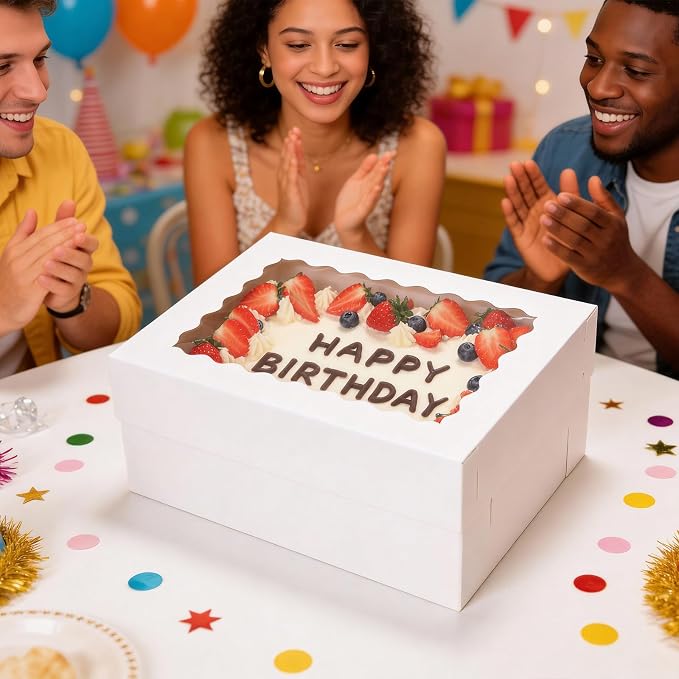 COTOPHER 14x10x6 In Sheet Cake Boxes, 16 Pcs White Bakery Boxes with Large Window (8 Boxes & 8 Boards), Cake Containers for Quarter Cakes, Donuts, Cupcakes, Brownie, Pastry & Pies Packaging