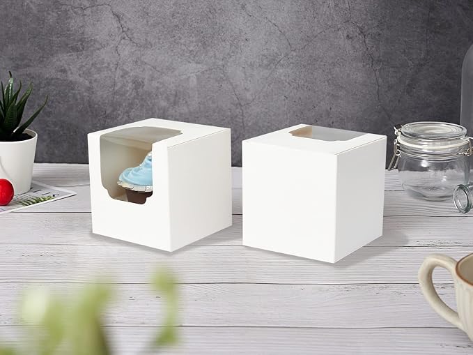 60 Pcs Cupcake Boxes Individual White with Insert, Auto Popup Single Cupcake Containers Hot Cocoa Bomb Boxes with Window forTreats Chocolate Strawberries Cookies Gifting