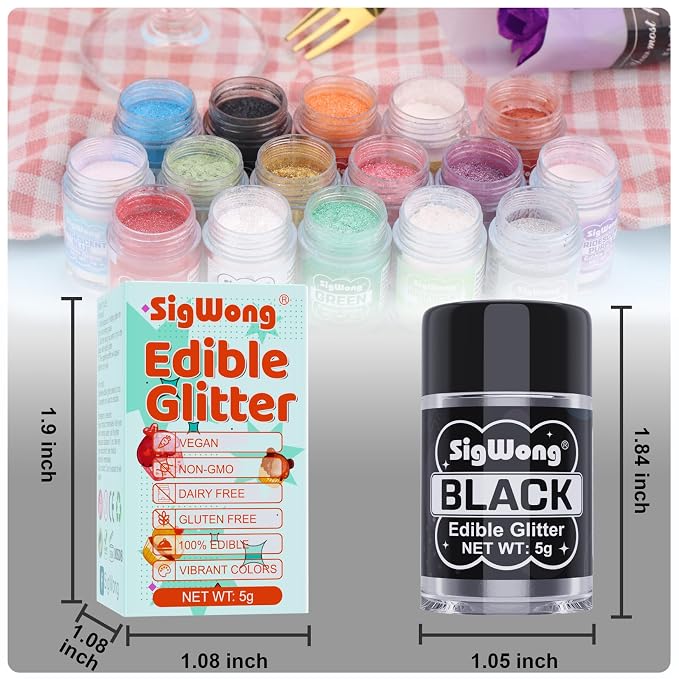 Black Edible Glitter - 5g Food Grade Cake Decorating Shimmering Glitter, Edible Sprinkle Luster Dust for Drinks, Chocolates, Fondant, Strawberries, Cupcakes, Candy, Easter Cookie - Vegan