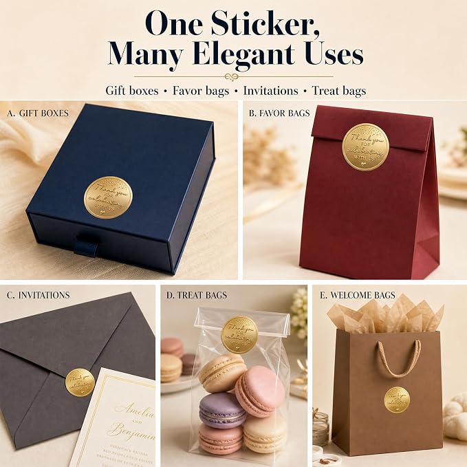 100PCS Thank You for Celebrating with Us Stickers, Embossed Matte Gold Wedding Favor Labels for Bridal Shower, Baby Shower, Engagement Party, Gift Bags & Invitations 1.6 Inch