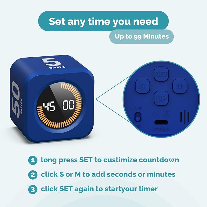 KADAMS Timer Pomodoro - Productivity Pomodoro Cube, 5/10/25/50 Min Countdown & Countup, Silent – for Work Study Workout Kitchen School Classroom Office ADHD Gift Kids (1, Navy Blue)