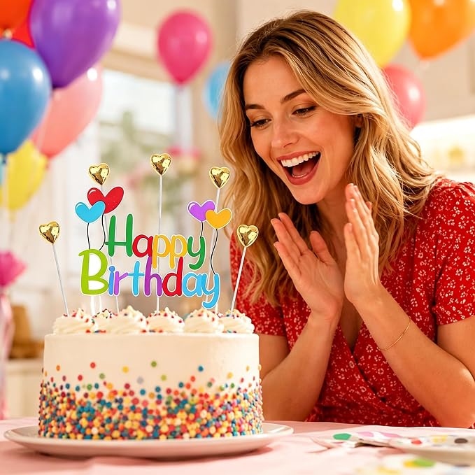 Colorful Happy Birthday Cake Topper Set Balloon Design and Gold Hearts, Great for Kids' Birthdays, Cupcakes Party Decor