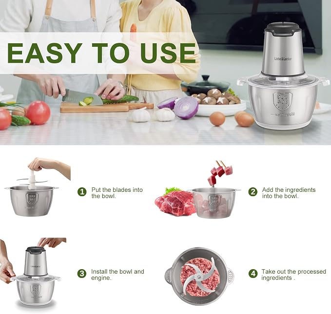 Liebe&Lecker Electric Food Chopper, 350W Food Processor with 8-Cup Bowl | Stainless Steel Meat Grinder with 4 Sharp Blades, 2 Speeds Mincer for Vegetables, Nuts, Homemade Puree Recipes, Zero BPA