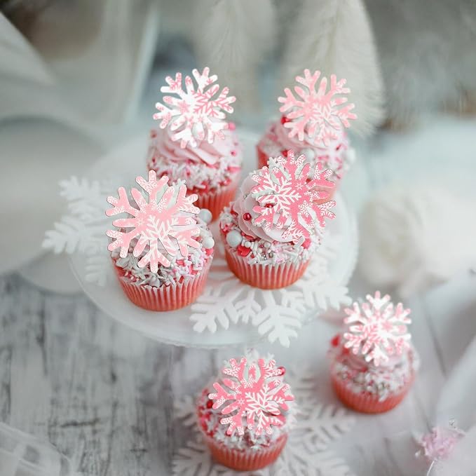 Gyufise 50Pcs Edible Snowflake Cupcake Cake Toppers Wafer Paper Snowflake Cake Decorations for Christmas Winter Frozen Theme Party Supply Decoration Multi Pink