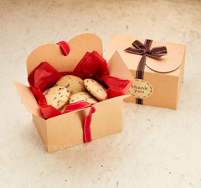 Brown Kraft Cookie Boxes with Ribbons & Stickers (20 Pack) 6.5” x 4” Small Cardboard Gift Boxes for Gift Giving, Baked Goods, Candy, Christmas, Decorative Food Packaging, Bakery Treats, Empty, Bulk