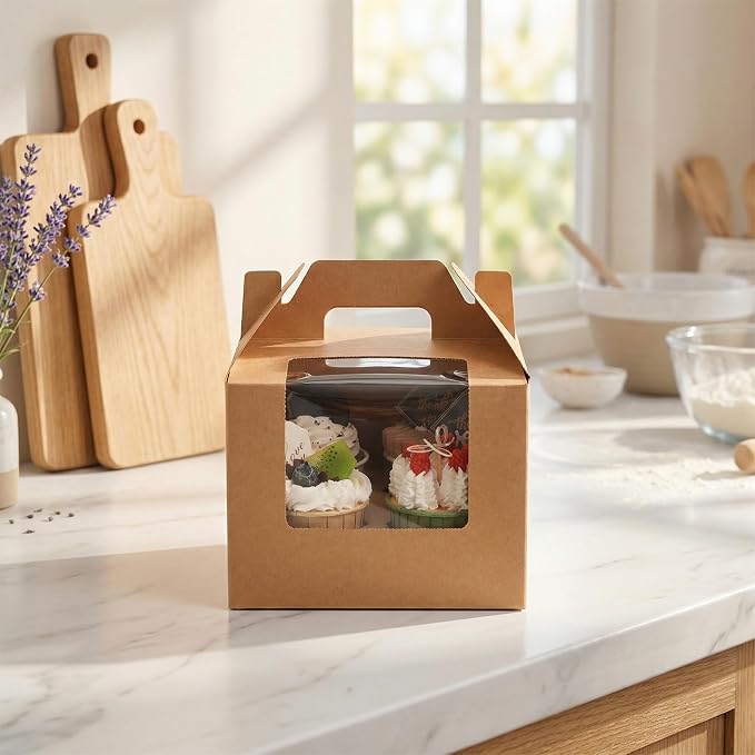 Jucoan 40 Pack Kraft Gable Bakery Treat Boxes with 4-Count Cupcake Insert, Clear Window & Handle, Rustic Paper Gift Box Lunch Togo Boxes for Muffins, Cupcakes, Cookies, Birthday Wedding Party Favors