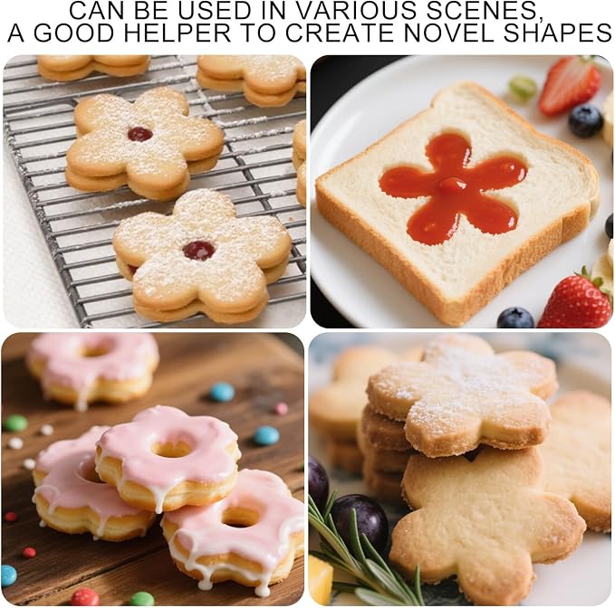 4pcs Flower Cookie Cutter, 4 Sizes Stainless Steel Baking Food Molds Floral Biscuit Pastry Cutter for Donuts English Muffins Cheese Fondant