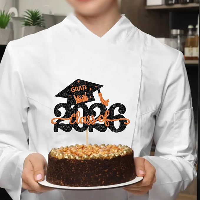 1 Pack Class of 2026 Cake Topper Glitter Congrats Grad Cap 2026 Graduation Cake Pick Decoration for 2026 Graduation Theme High School Graduate Party Cake Decorations Supplies Orange
