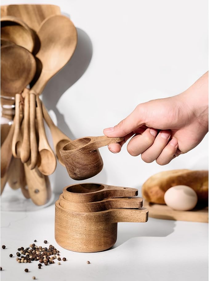 10-Piece Measuring Cups and Measuring Spoons Set, Handcrafted Acacia Wooden Measuring Cups with Tablespoon Teaspoon Measuring Spoons for Dry Ingredients, Natural Wood Rustic Kitchen Accessories