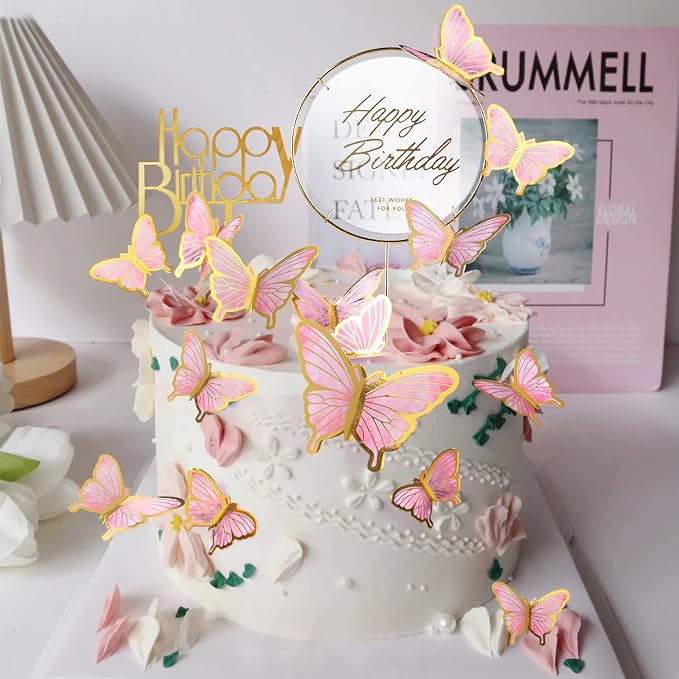 22-Pieces Butterfly Cake Decorations With Happy Birthday Acrylic Cake Toppers for Baby Shower Wedding Birthday Party Decor (Pink)