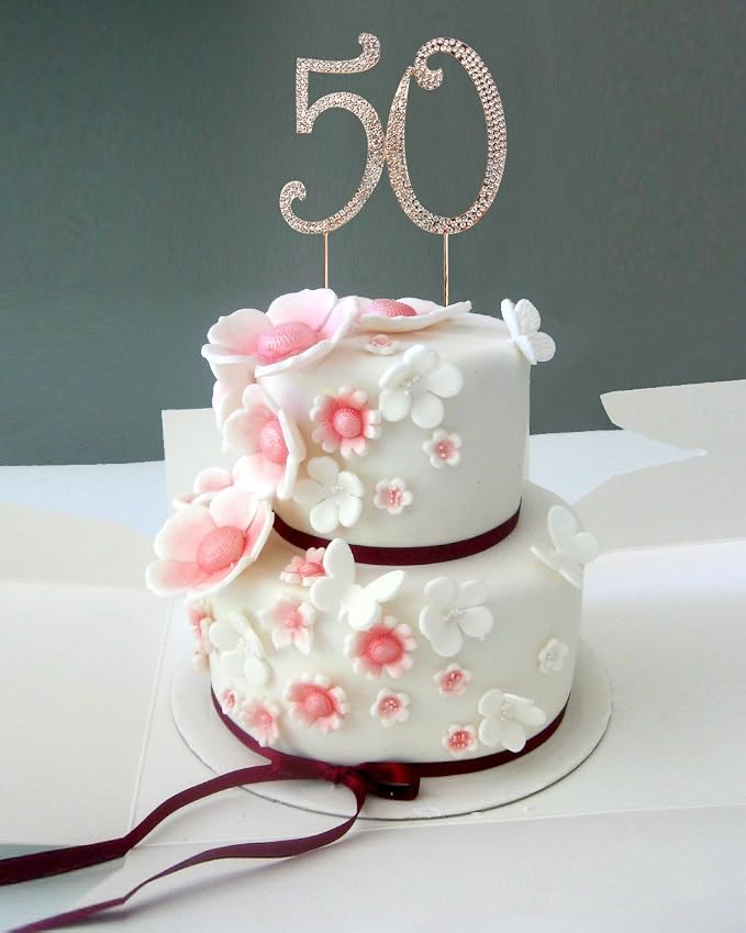 50 Cake Topper | Premium Bling Rhinestone Diamond Gems | 50th Birthday or Anniversary Party Decoration Ideas | Quality Metal Alloy | Perfect Keepsake