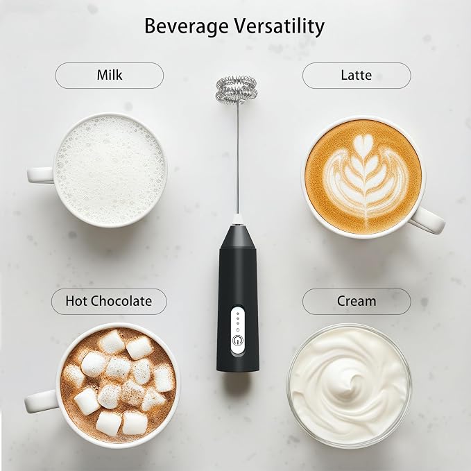 Puraville Rechargeable Electric Milk Frother Handheld, 3 Speeds Electric Whisk Drink Mixer, Type-C Charging BPA Free for Coffee, Latte, Cappuccino, Egg, Cream, Black