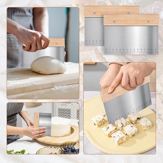 5 Pcs Bench Scraper, Bench Scraper Kitchen 2 Pcs Stainless Steel Dough Scraper with Wood Handle and 3 Pcs PP Food Scraper with Hanging Hole, Multipurpose Bread Dough Cutter for Baking-Green