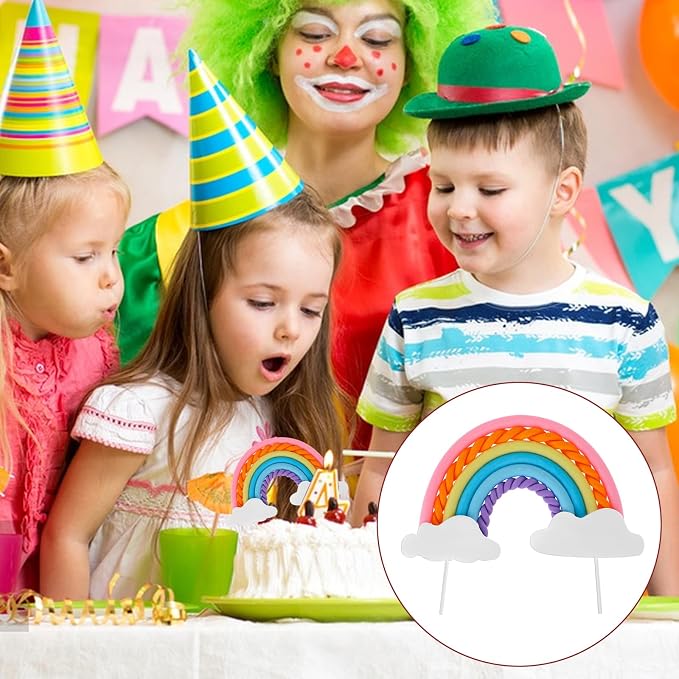 Rainbow Cloud Cake Topper, Soft Pottery Colorful Cupcake Decoration Topper Rainbow Theme Baking Supplies for for Boys Girls Happy Birthday Party Wedding Cake Decorations