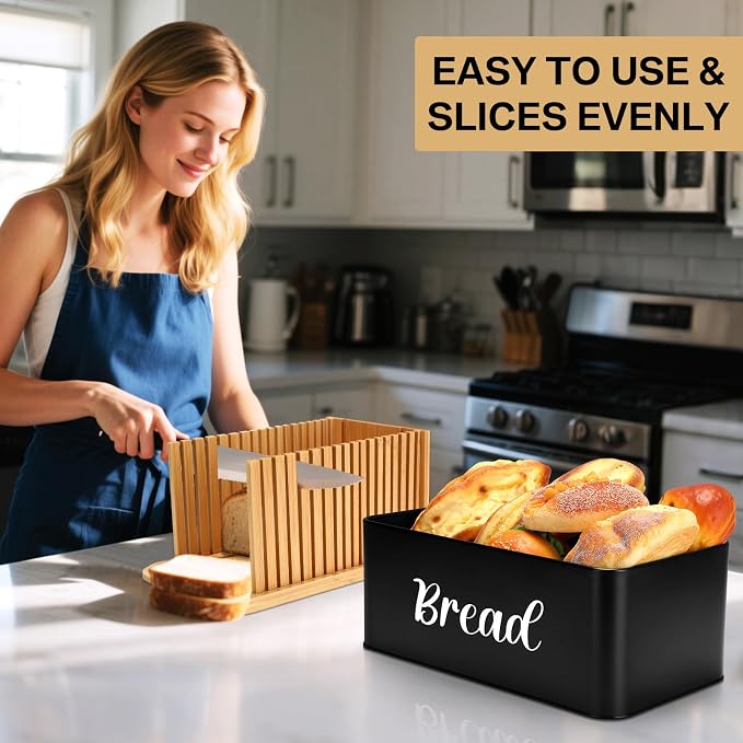 Bread Box with Bread Slicer Storage Container for Kitchen Countertop Food Storage with Multifunction Bamboo Lid, 3 in 1 Breadbox Removable Cut Board for Loaf Slicing (Black,Wood, Metal,Bamboo)