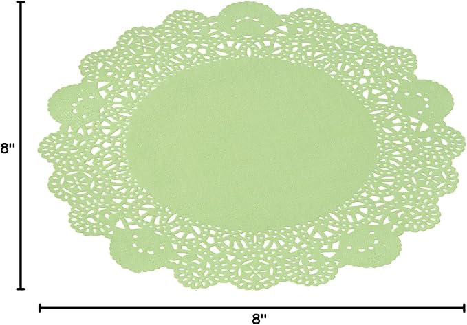 Pastry Tek 8 x 8 Inch Paper Lace Doilies, 100 Disposable Table Doilies - Elegant Lace Finish, Long Lasting, Green Paper Doily, for Pastries, Cupcakes, Desserts - Restaurantware