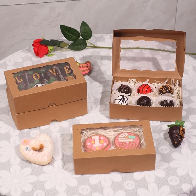 ROSPAKTEK20pcs 7x4.3x2 Inches Brown Bakery Boxes - for Cookies, Chocolate Covered Strawberries, Cakesickle, Chocolate Truffle, Cake Pop | Christmas & Valentine's Day