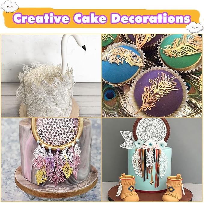 Feather Edible Cake Lace for Cupcake Topper Decoration 10-piece Set Sliver