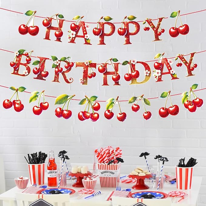 Zwiebeco Cherry Happy Birthday Party Decoration Banner Bunting Garland Hanging Paper for Sweet Girls Women Summer Fruit Themed Baby Shower Accessories Supplies