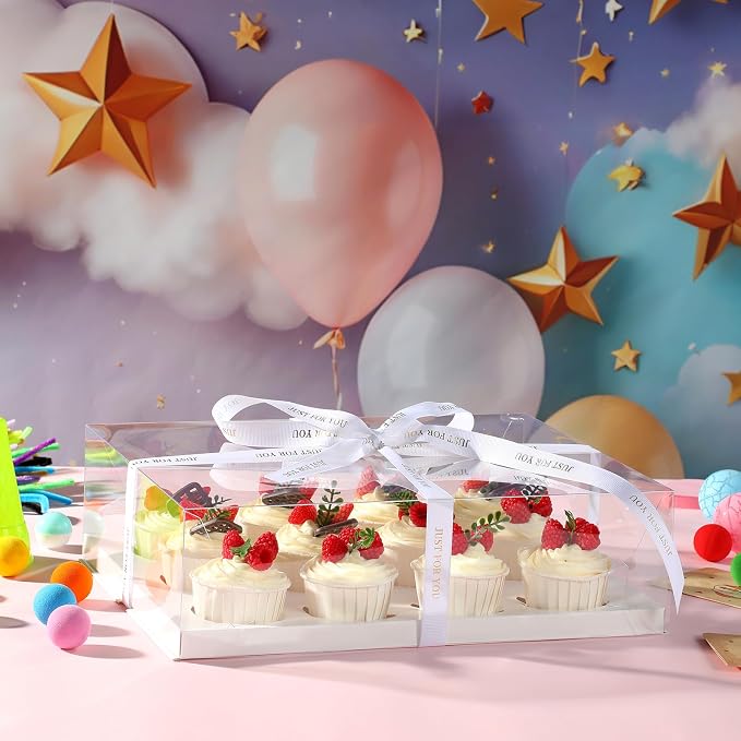12 Count Clear Cupcake Boxes 10 Packs Cup Cake Holder Containers with Gift Ribbon plastic Cupcake Carrier for Treat Dessert Cookies Muffins Packaging for Party Baking Wedding