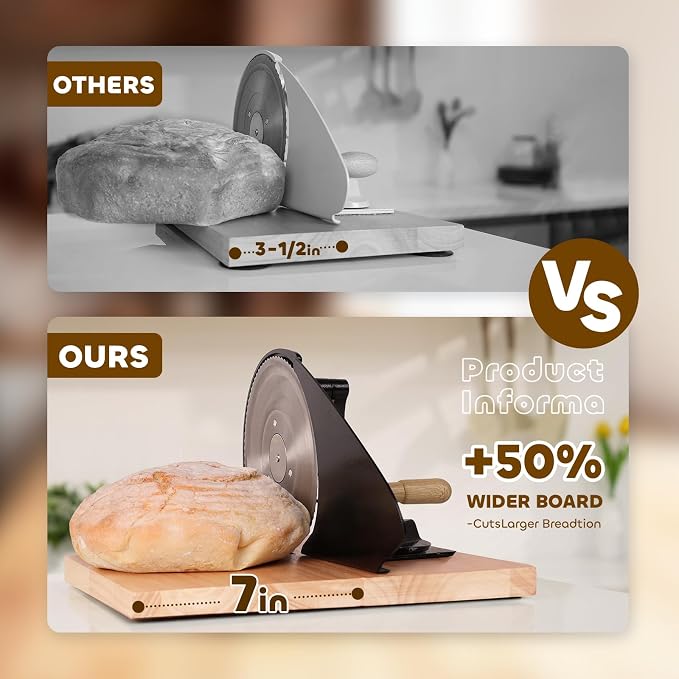 Foldable Manual Bread Slicer with Wooden Board & Foldable Handle,0-0.9" Adjustable Thickness,Serrated Blade & Suction Cup,Bread Slicer for Homemade Sourdough Bread,Soft Bread,Bagels,and More (Black)