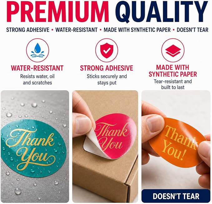 1000 Thank You Stickers, 1 Inch Round Thank You Sticker Roll, Bulk Thank You Stickers for Small Business Packaging, Boxes, Bags, Envelopes, Baked Goods & Party Favors, 2 Rolls of 500