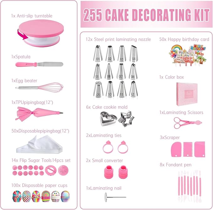 Cake Decorating Kit,Piping Bags and Tips Set,Cake Decorating Supplies,Frosting Piping Kit,Cake Baking Supplies for Beginners (255PCS)