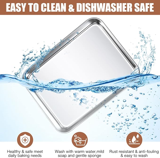Potchen 6 Pcs Baking Sheet Pan Set Stainless Steel Cookie Sheet Small Toaster Oven Pans Tray Barbecue Grill Pan Rectangle Trays Oven Freezer Bakery, Non-stick, Easy Clean, 9 x 6.7 x 1 Inches