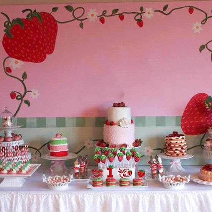 24 Pack Sweet One Cupcake Toppers Glitter First Birthday Strawberry Cupcake Picks for Fruit Baby Shower 1st Birthday Berry Sweet Cupcake Decorations Party Supplies Red