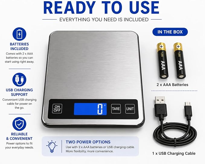 Digital Kitchen Scale 10kg/22lb, Food Scale Grams and Ounces, 1g High Precision, USB Rechargeable, Stainless Steel, Tare Function, LCD Display, Multi-Unit for Baking, Cooking & Meal Prep
