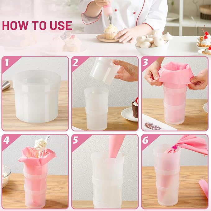 Piping Bag Holder Stand for Filling, Pastry Piping Bag Holder Stand, Clear Cream Icing Bag Holder with 2 Pack 14 Inch Reusable Piping Bags & 10Pcs Pastry Bag Ties