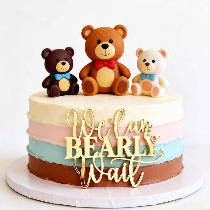 "We Can Bearly Wait" Baby Shower Cake Topper, Gold Acrylic Bear Theme Party Cake Topper, Welcome Baby,Pregnancy Announcement,Baby to Be for Baby Shower Party Supplies,Gender Reveal Photo Props