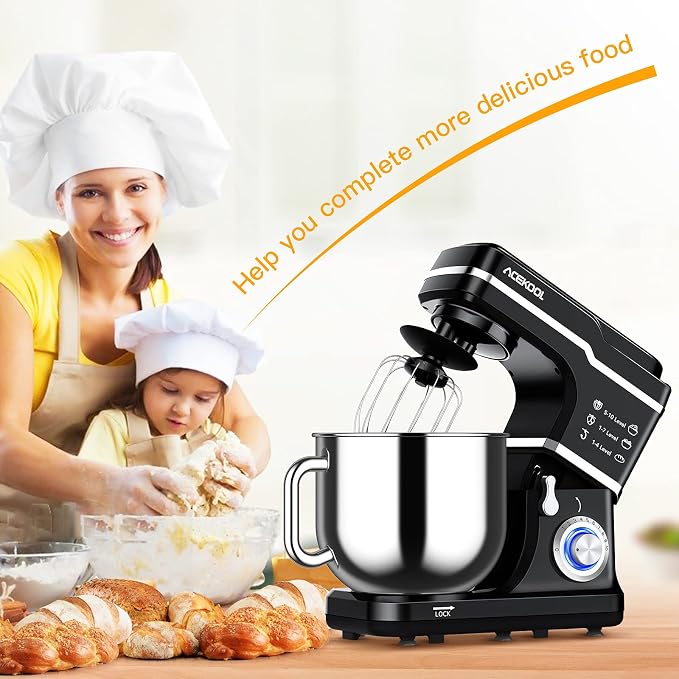 Acekool Stand Mixer 660W 10-Speed 7.5 Qt Tilt-Head Food Mixers, Kitchen Electric Mixer with Stainless Steel Bowl,Dough Hook,Whisk, Beater, Splash Guard, Black, Large, MK-5101