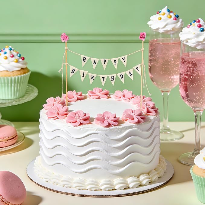 Happy Birthday Cake Bunting Topper Garland, Handmade Birthday Cake Pennant Banner Flags with Wooden Pole & Pink Flower Party Decoration Supplies