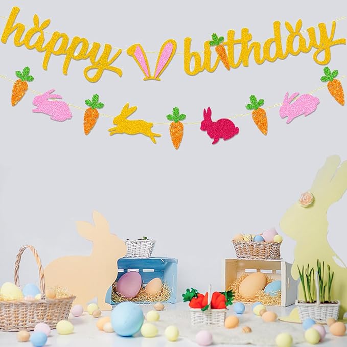 Zwiebeco Gold Happy Birthday Easter Banner Bunny Carrot Bunting Garland Hanging Paper Party Decoration Supplies for Spring Boys Girls Kids Baby Shower Bday Decor Accessories Supplies