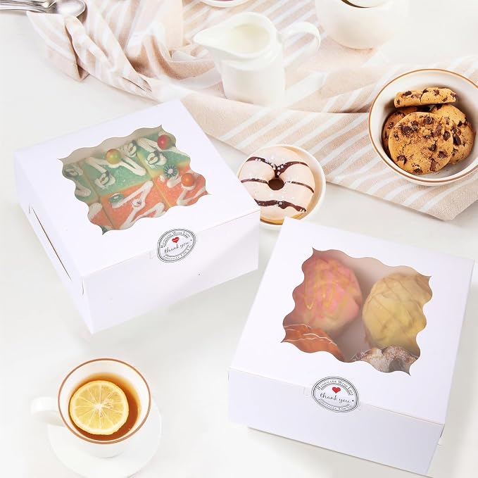 100 pcs 6x6x3 Inches Small Cake Box with Window, 6 inch Cookie Boxes Bakery Pastry, Mini Pie container for Pastry,Dessert,Strawberries,Chocolates, Cupcakes with paper stickers (White)
