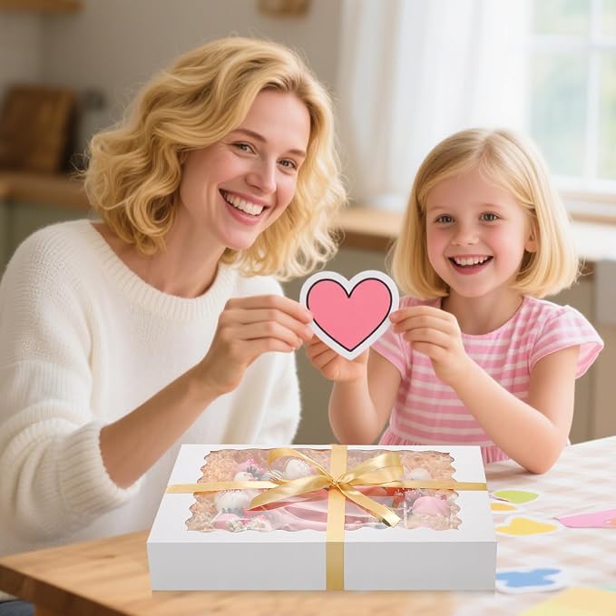 24pcs Cookie Boxes with Window, 16x11x2.5 in Large Auto-Popup Bakery Boxes with Ribbon and Sticks for Treats, Desserts, Chocolate Covered Strawberries, Pies, Muffins, Donuts