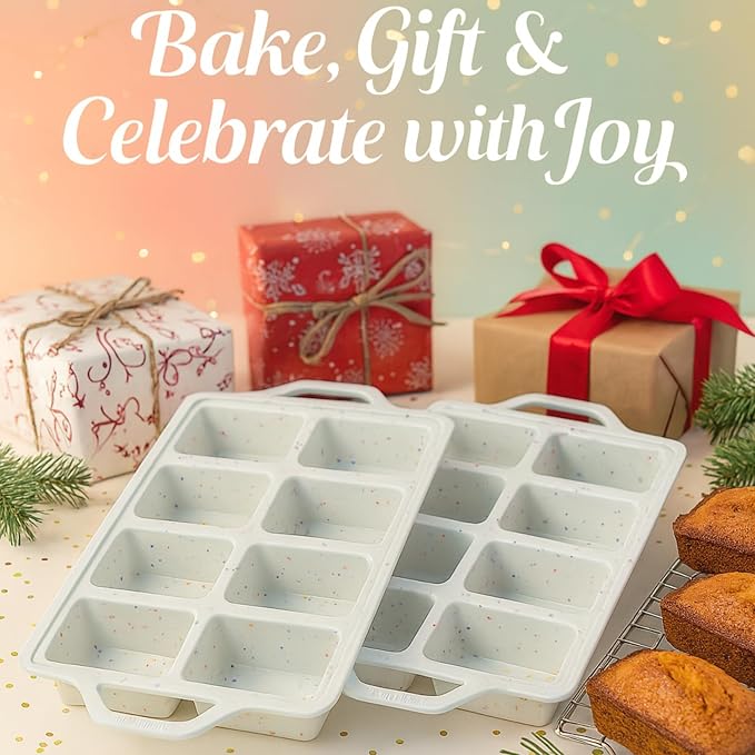 2-Pack Silicone Mini Loaf Pans for Baking Bread – 8-Cavity Nonstick Baking Molds with Metal-Reinforced Handles – BPA-Free, Odor-Resistant Silicone mini bread loaf pans for Cakes & Meatloaf – Cream