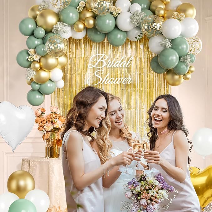 157PCS Sage Green White Gold Balloons Garland Arch Kit with Gold Fringe Curtain for Birthday Baby Shower Gender Reveal Bridal Shower Weddings Graduation Party Decorations